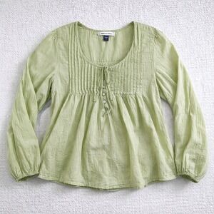 American Eagle Green Peasant Blouse Womens M Boho Cotton Pintuck Top